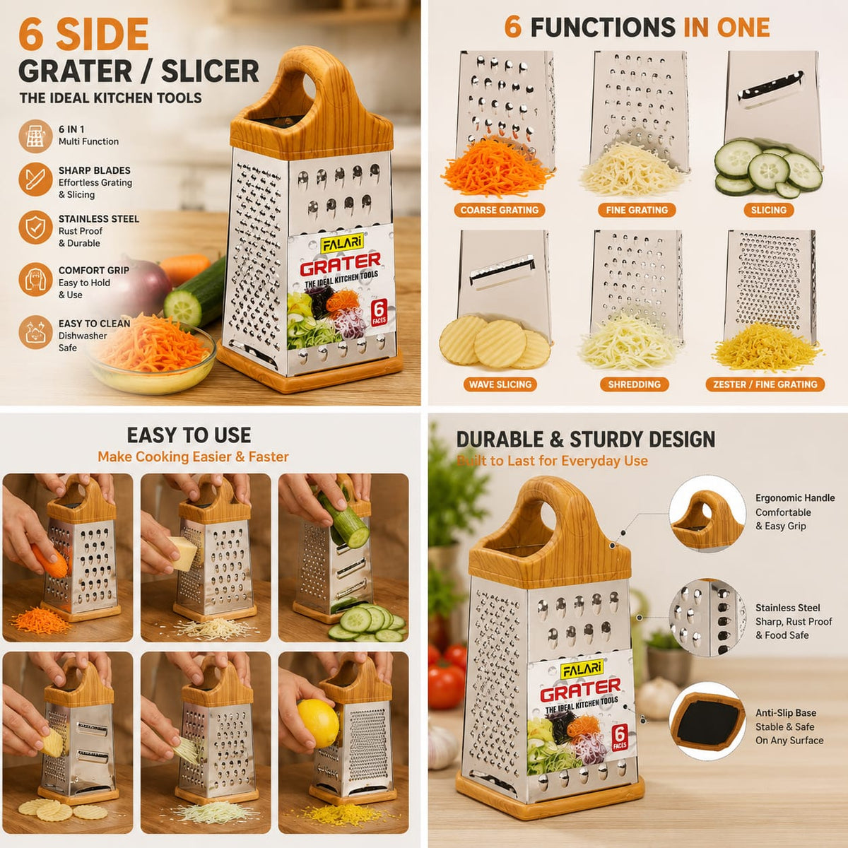 Stainless Steel 6 Sided Box Grater (Vegetable Cheese Slicer Shredder)