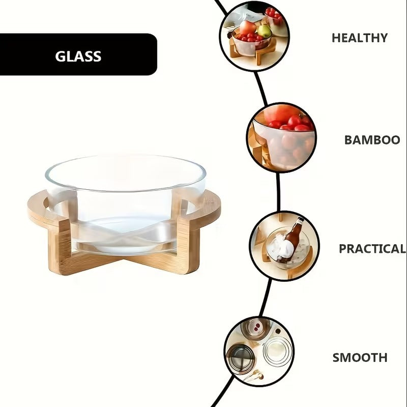 Multipurpose Glass Bowl with Bamboo Wooden Stand | 2100ml Modern Serving Bowl for Salad, Fruit & Snacks