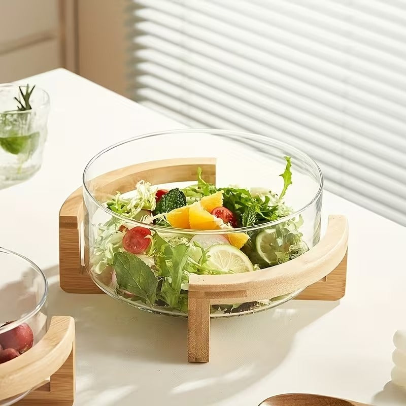 Multipurpose Glass Bowl with Bamboo Wooden Stand | 2100ml Modern Serving Bowl for Salad, Fruit & Snacks
