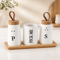 3-in-1 Ceramic Salt & Pepper Shaker Set with Toothpick Holder & Bamboo Tray | Modern Kitchen Seasoning Organizer