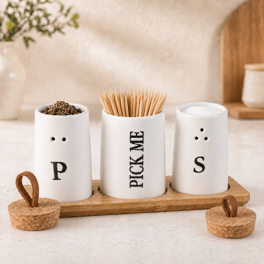 3-in-1 Ceramic Salt & Pepper Shaker Set with Toothpick Holder & Bamboo Tray | Modern Kitchen Seasoning Organizer
