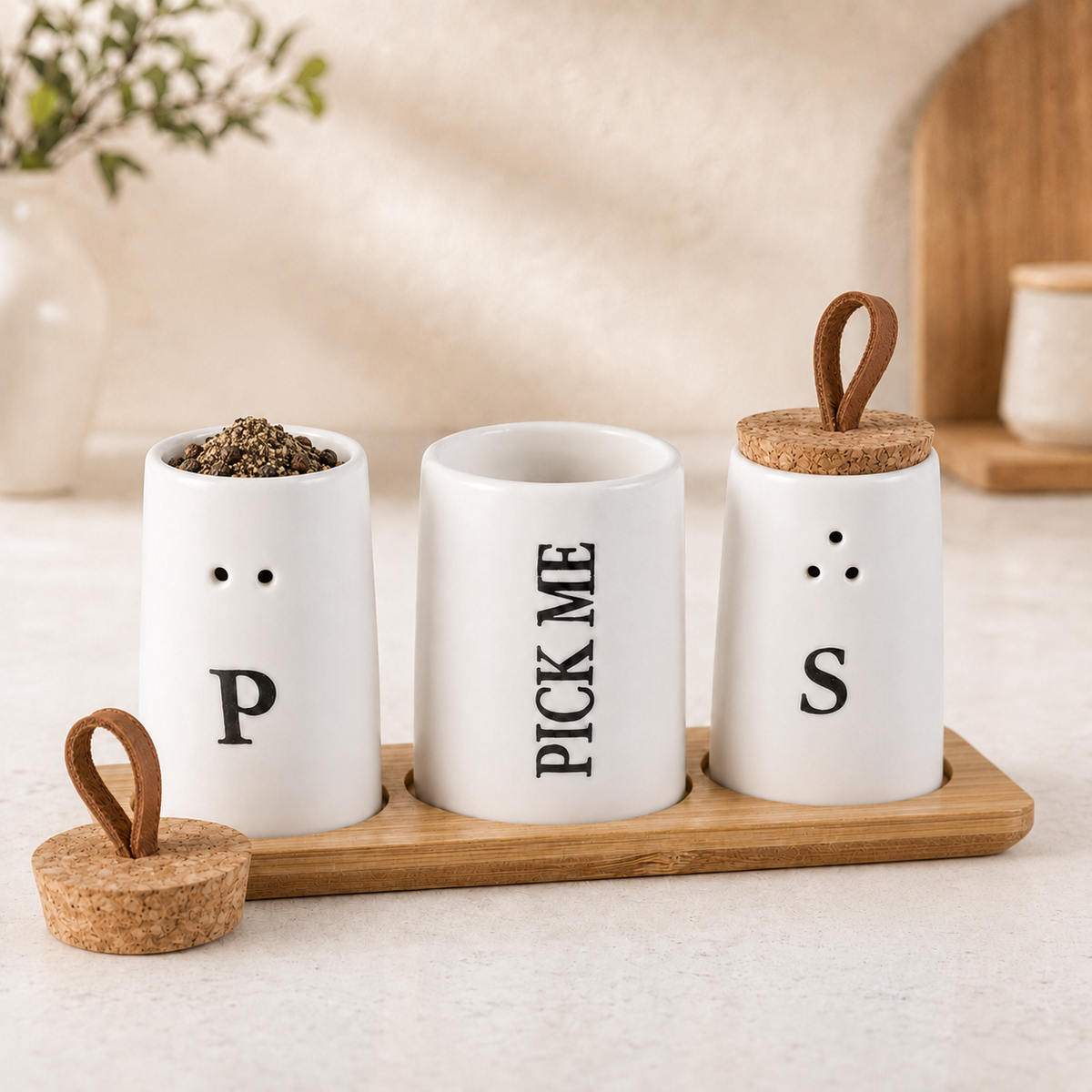3-in-1 Ceramic Salt & Pepper Shaker Set with Toothpick Holder & Bamboo Tray | Modern Kitchen Seasoning Organizer