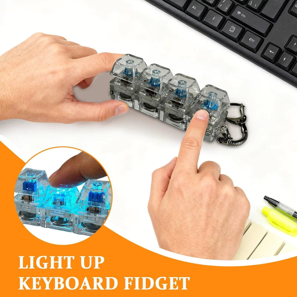 1 Pcs 4-Key Mechanical Keyboard Fidget Keychain, Clicky Stress Relief Toy