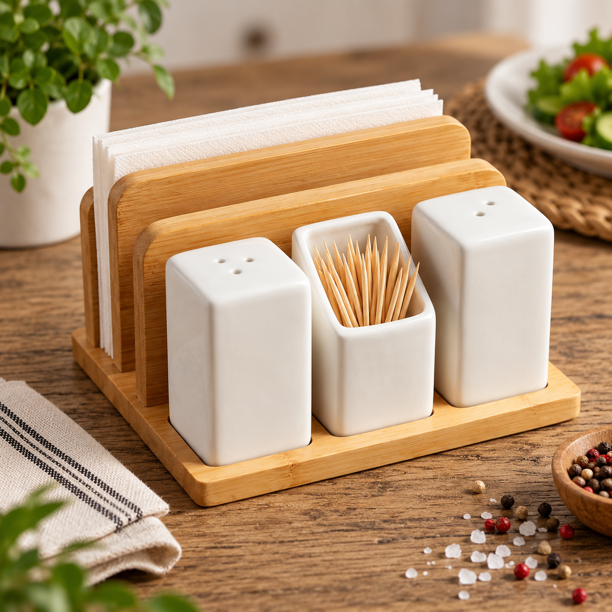 4-in-1 Ceramic Salt & Pepper Shaker Set with Toothpick & Napkin Holder | Bamboo Kitchen Table Organizer