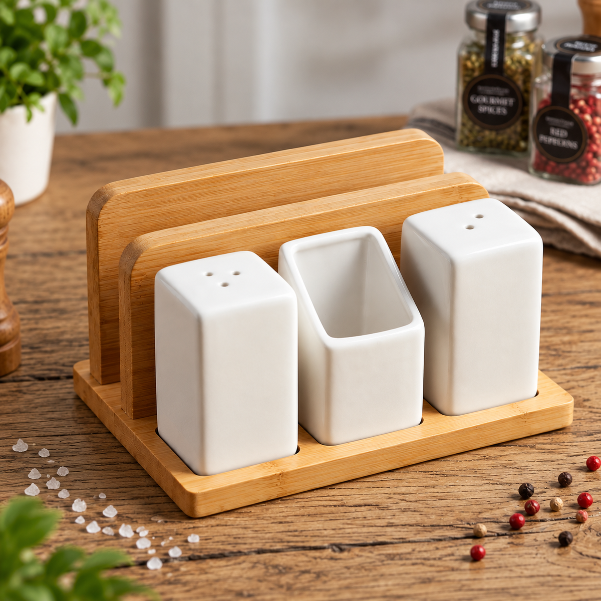 4-in-1 Ceramic Salt & Pepper Shaker Set with Toothpick & Napkin Holder | Bamboo Kitchen Table Organizer