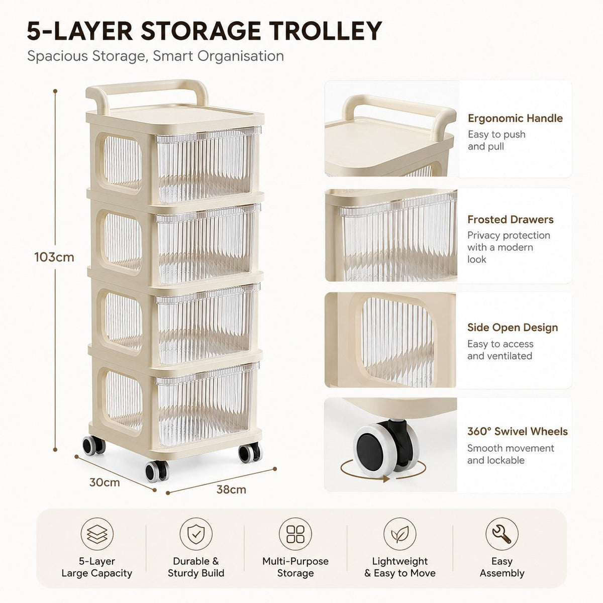 4 & 5-Tier Rolling Storage Cart with Drawers | Multipurpose Organizer on Wheels for Home, Office & Beauty Storage