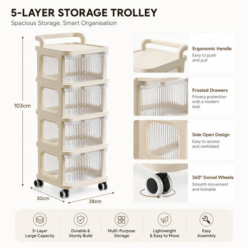 4 & 5-Tier Rolling Storage Cart with Drawers | Multipurpose Organizer on Wheels for Home, Office & Beauty Storage