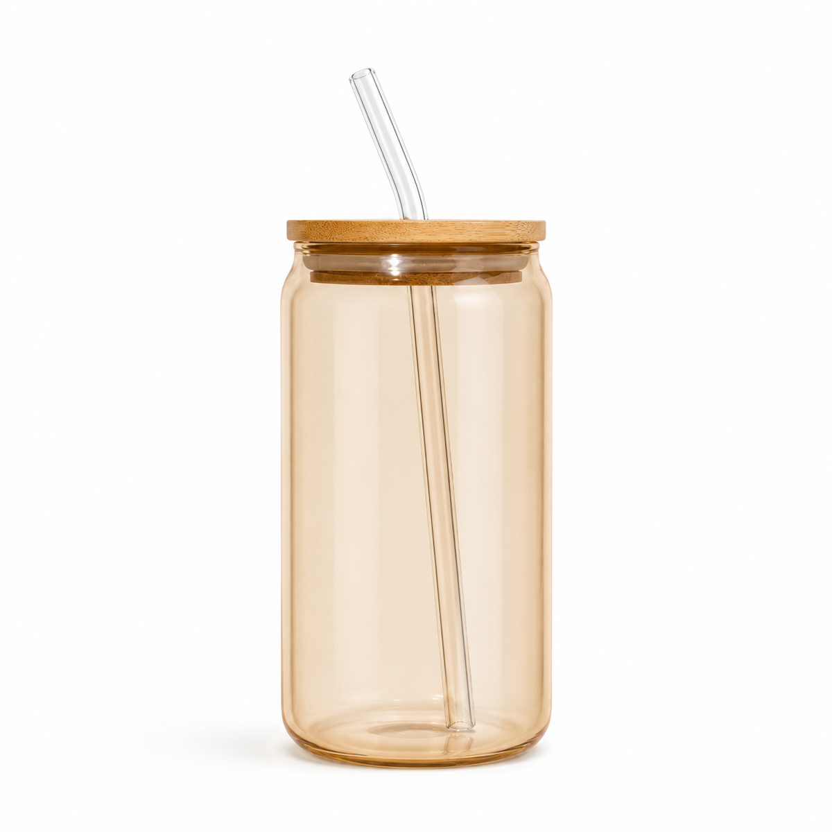 Brown Glass Tumbler with Wooden Lid & Glass Straw 550ml