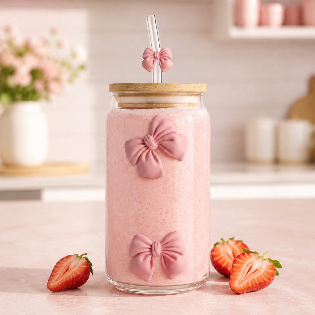 Bow Glass Tumbler with Wooden Lid & Glass Straw 570ml