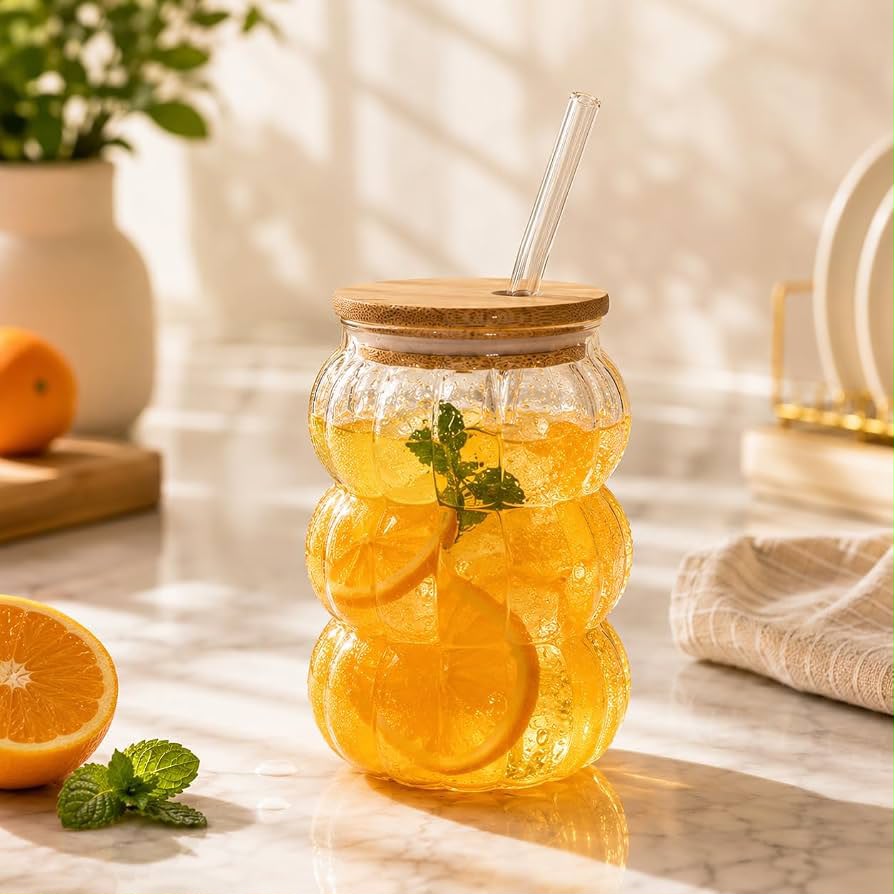 Pumpkin Shape Glass Tumbler with Wooden Lid & Glass Straw 600ml