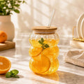Pumpkin Shape Glass Tumbler with Wooden Lid & Glass Straw 600ml