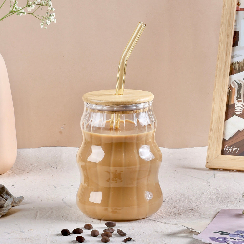 Curved Transparent Drinking Glass Tumbler with Bamboo Lid And Glass Straw