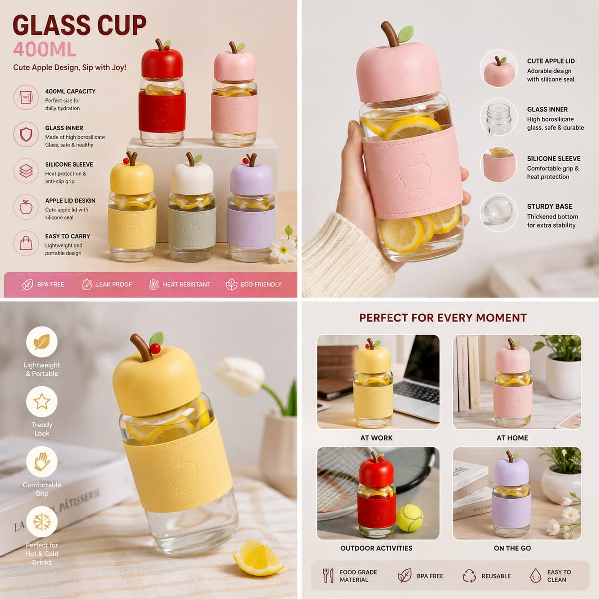 400ML Cute Apple Shaped Glass Bottle (Random Color)