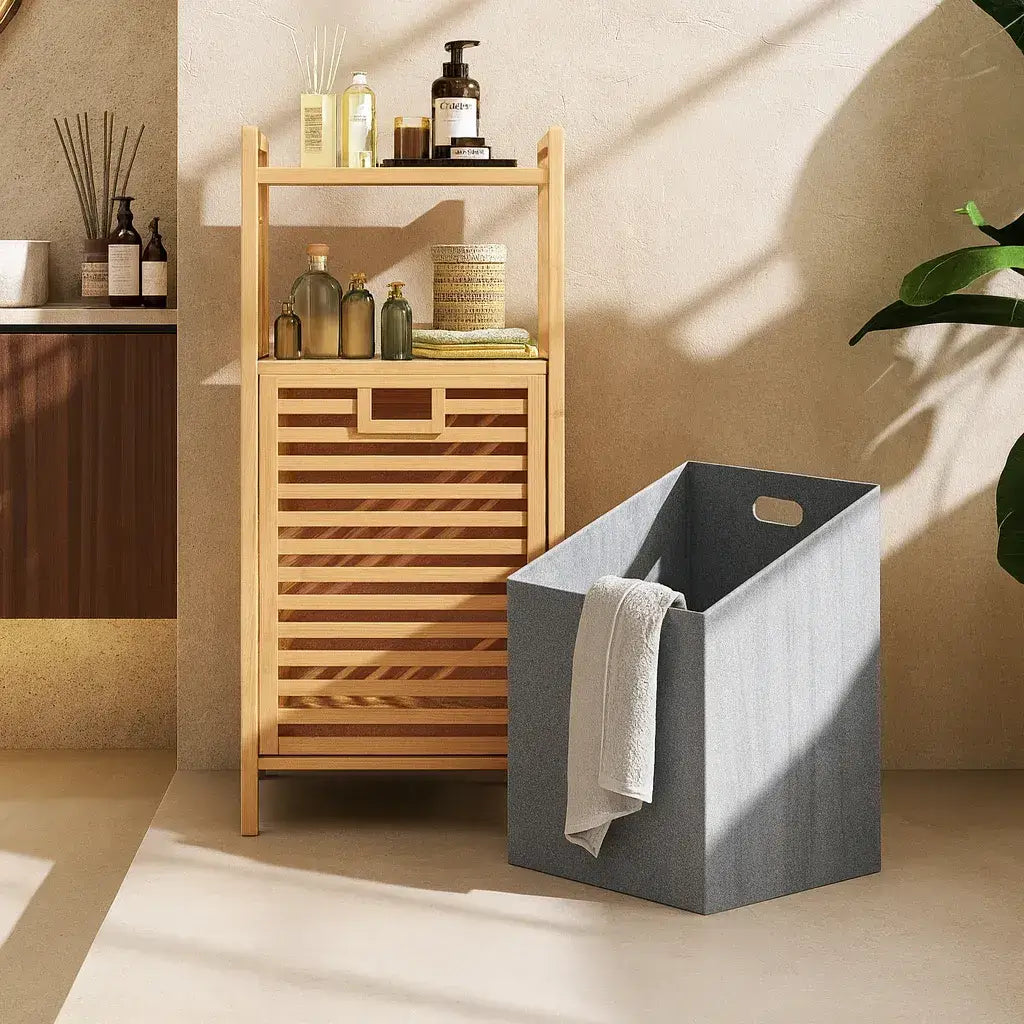 Bamboo Laundry Basket with 2-Tier Storage Shelf – Multi-Purpose Organizer