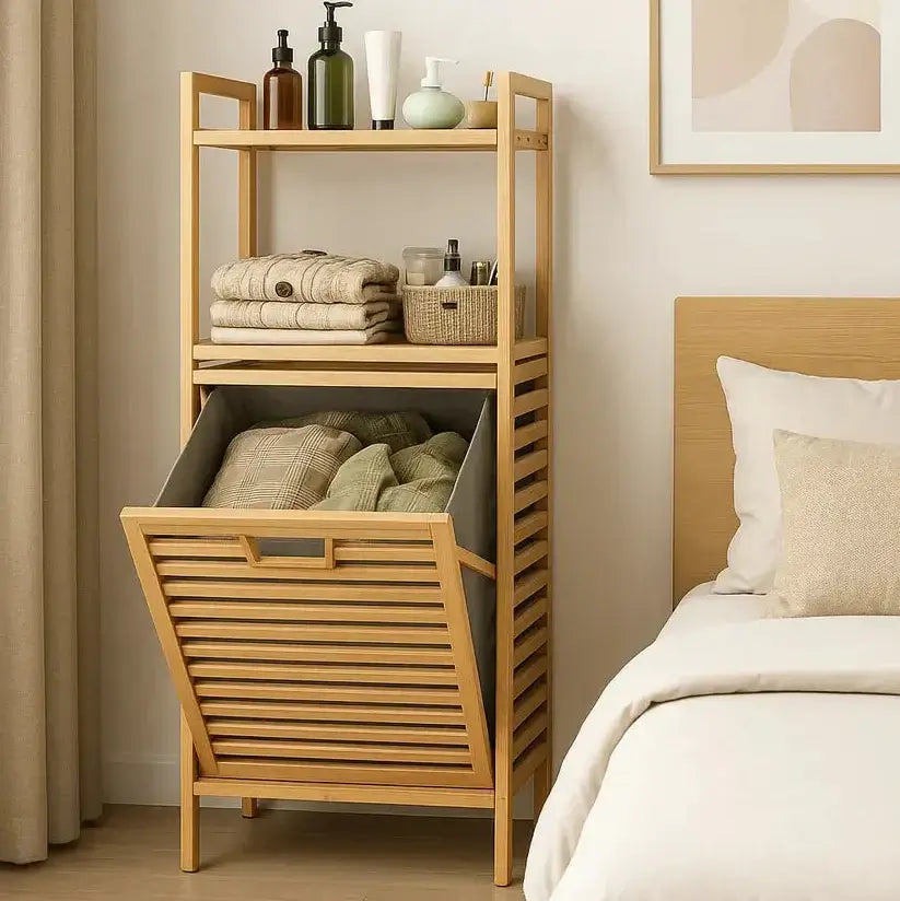 Bamboo Laundry Basket with 2-Tier Storage Shelf – Multi-Purpose Organizer