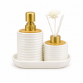 porcelain soap dispenser and reed diffuser set with tray luxury bathroom accessories set  porcelain soap dispenser set Pakistan  reed diffuser set with tray  luxury bathroom accessories  bathroom countertop décor  soap dispenser and diffuser set  porcelain bathroom set  luxury vanity accessories  Home Hatch bathroom collection  reed diffuser bathroom décor  bathroom tray organizer set