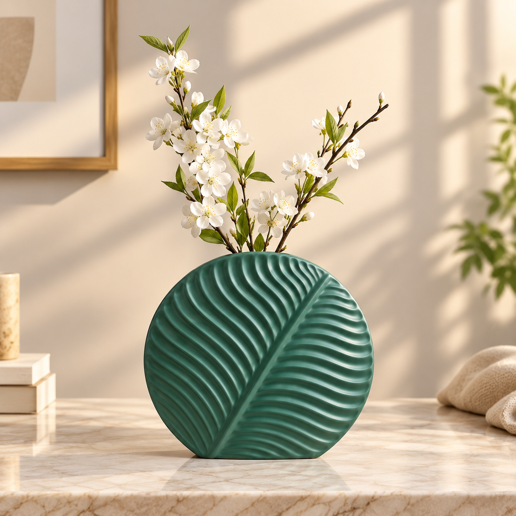 Nordic Leaf-Shaped Ceramic Vases | Modern Ribbed Decorative Flower Vases for Living Room & Home Décor