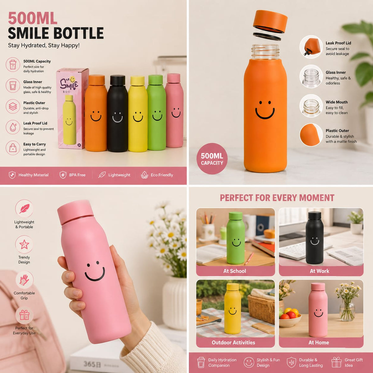 500ML Aesthetic Smile Face Glass Bottle (Random Color)