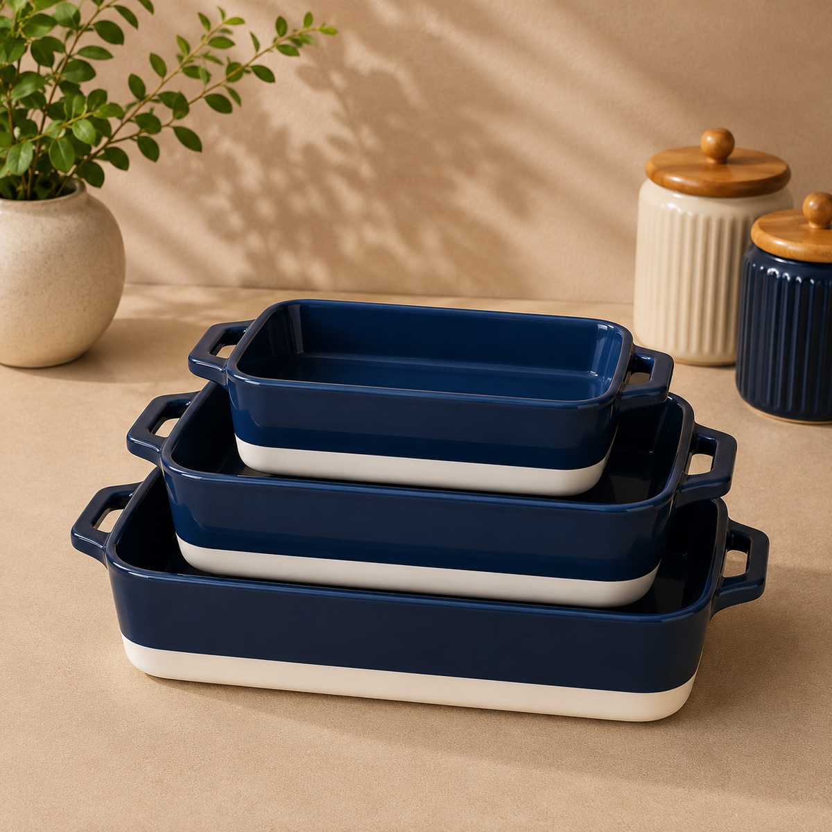 DANNY HOME 3-Piece Rectangular Porcelain Baking Dish Set with Handles | 19cm, 26cm & 31cm Navy Blue Oven-to-Table Bakeware