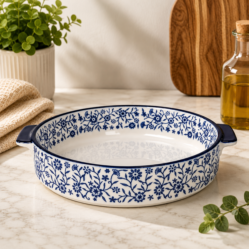 DANNY HOME Oval Ceramic Baking Dish with Handles | Blue Floral Oven-to-Table Casserole Bakeware