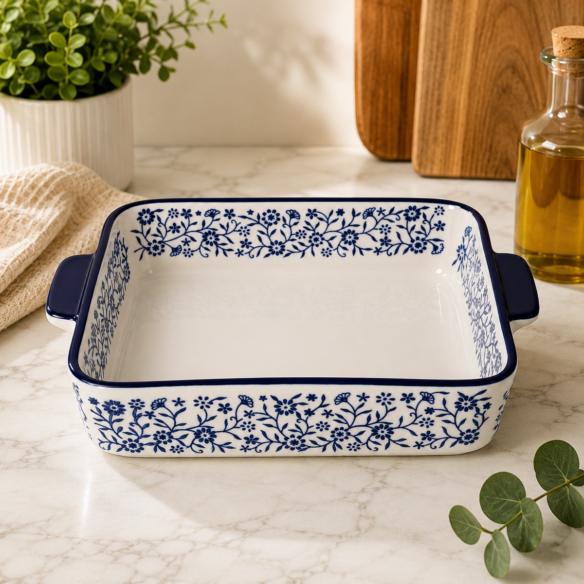 DANNY HOME Rectangular Ceramic Baking Dish with Handles | Blue Floral Oven-to-Table Casserole Bakeware