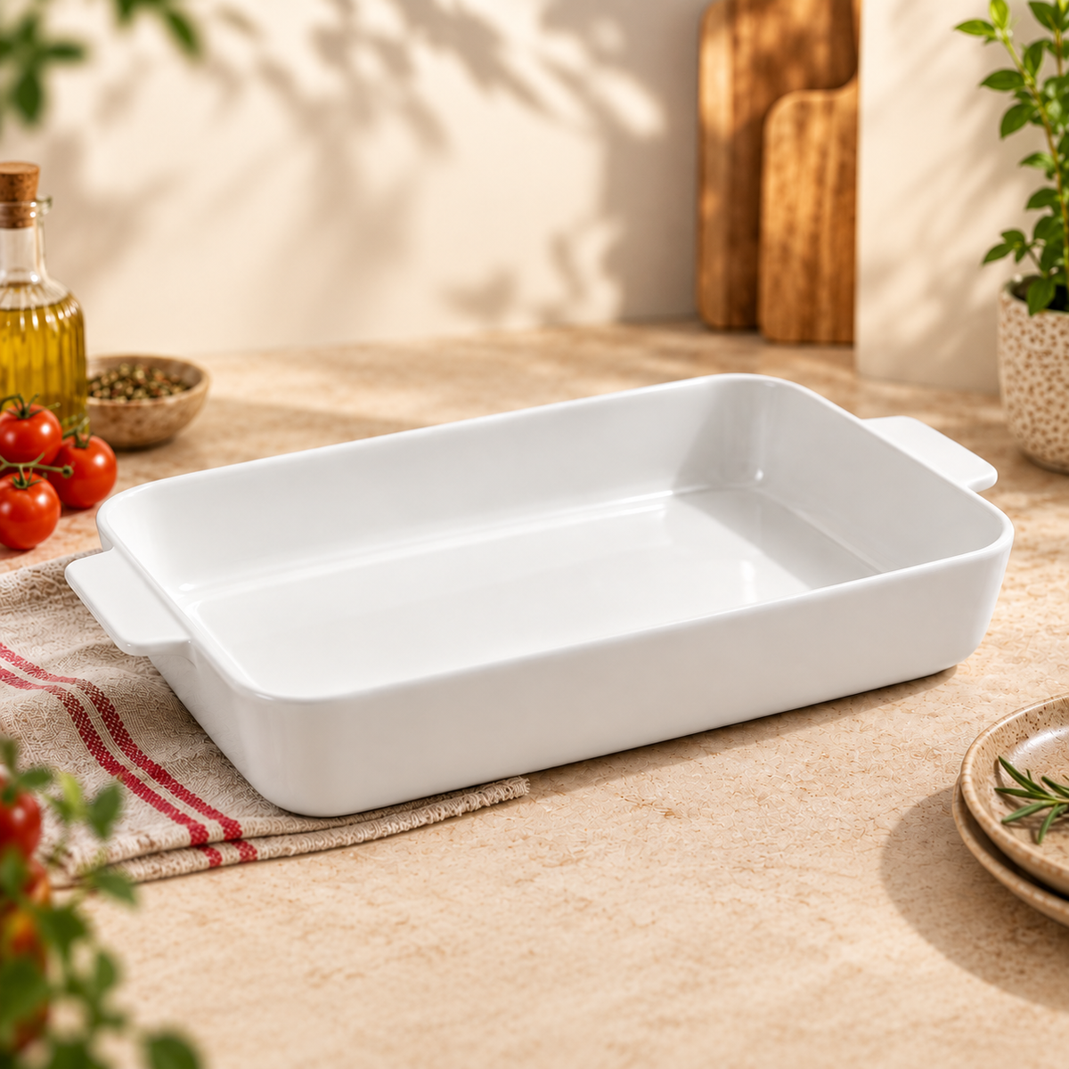DANNY HOME White Ceramic Baking Dish | Rectangular Oven-Safe Bakeware Tray