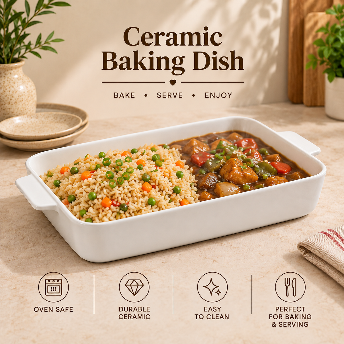 DANNY HOME White Ceramic Baking Dish | Rectangular Oven-Safe Bakeware Tray