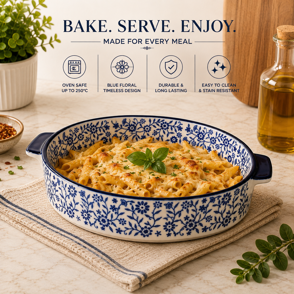 DANNY HOME Oval Ceramic Baking Dish with Handles | Blue Floral Oven-to-Table Casserole Bakeware