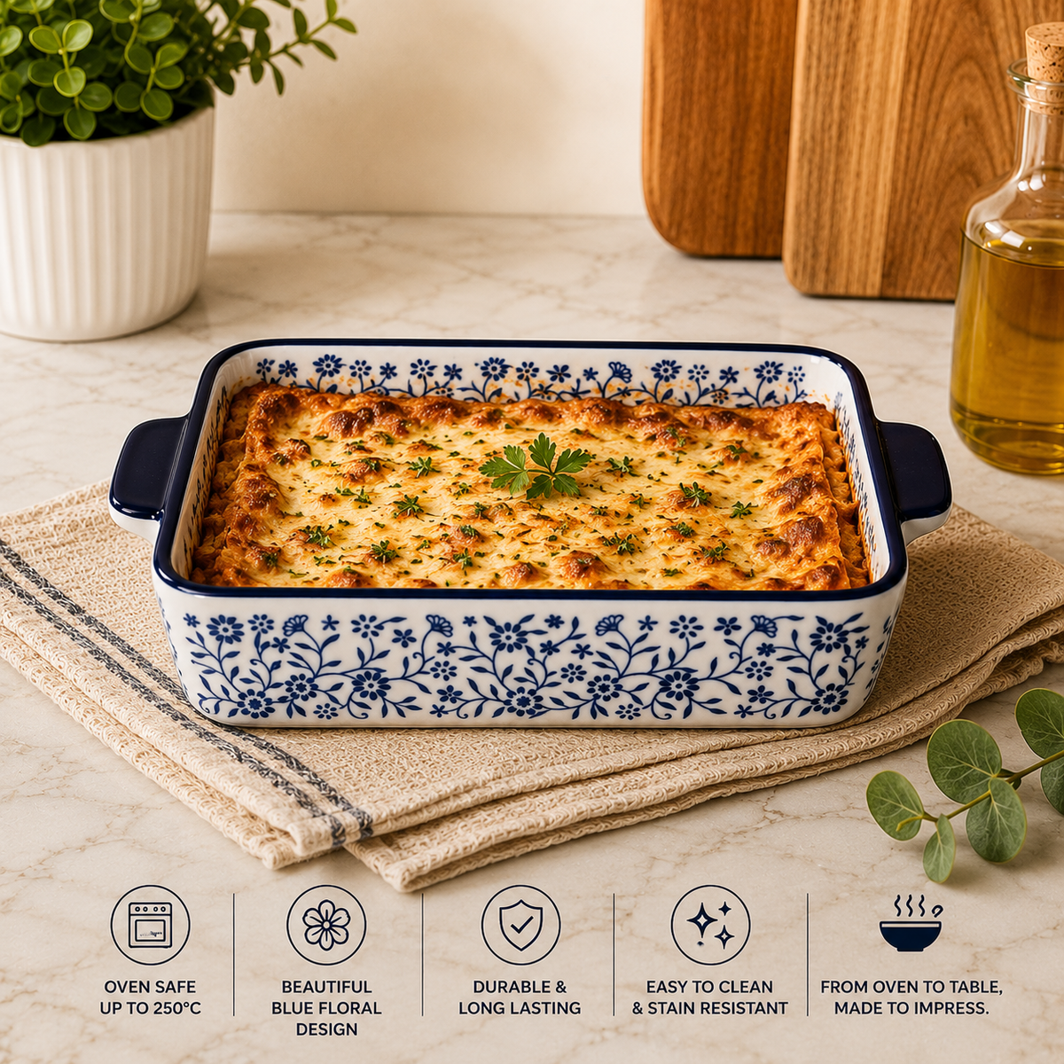 DANNY HOME Rectangular Ceramic Baking Dish with Handles | Blue Floral Oven-to-Table Casserole Bakeware