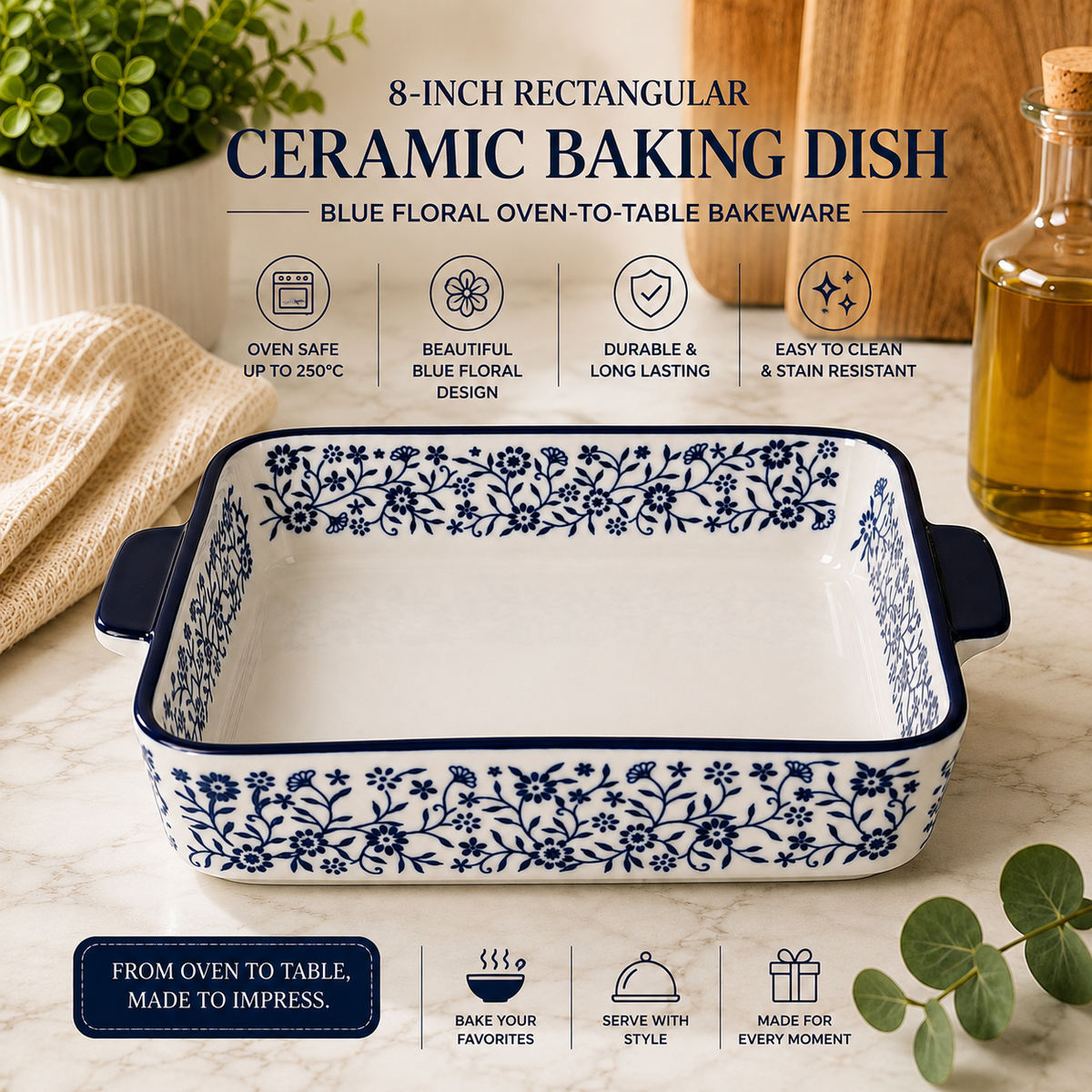 DANNY HOME Rectangular Ceramic Baking Dish with Handles | Blue Floral Oven-to-Table Casserole Bakeware