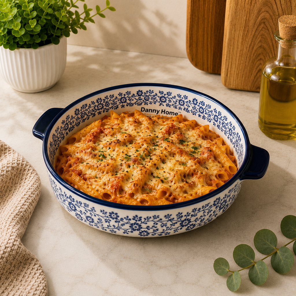 DANNY HOME 8-Inch Round Ceramic Baking Dish with Handles | Blue Floral Oven-to-Table Casserole Bakeware