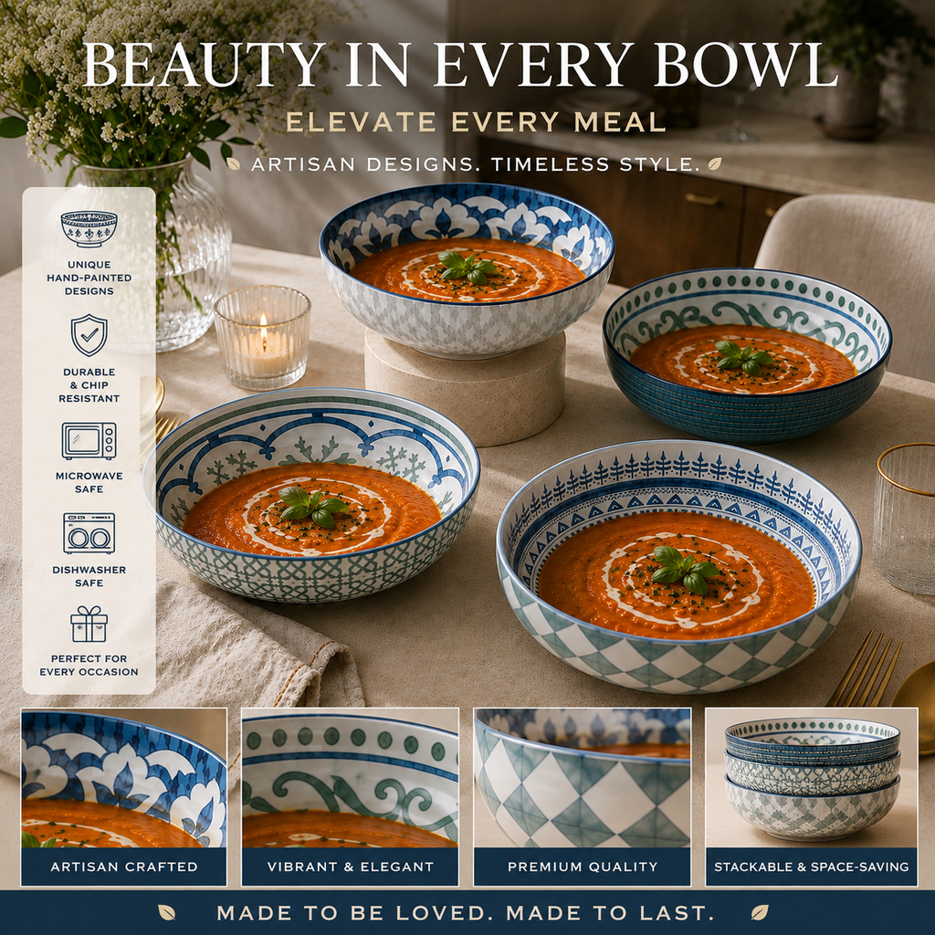 DANNY HOME Set of 4 Porcelain Multipurpose Deep Plates 8.5-Inch