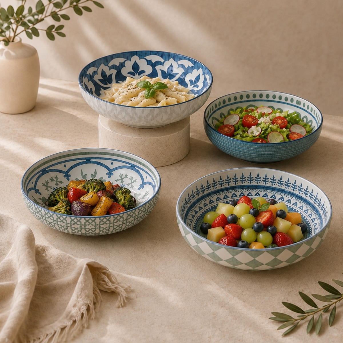 DANNY HOME set of 4 multipurpose 8.5-inch porcelain deep plates with assorted blue, black and white designs for dining and serving.  DANNY HOME deep plates porcelain deep plates multipurpose deep plates set of 4 porcelain plates 8.5 inch deep plates porcelain soup plates porcelain pasta plates deep dinner plates porcelain serving plates deep plates Pakistan 