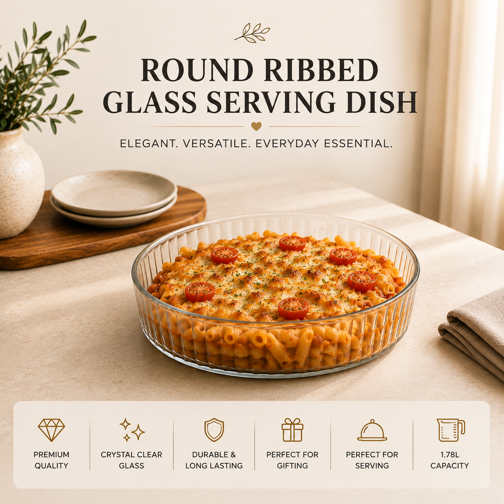 DELISOGA Round Ribbed Glass Serving Dish |  Clear Serving Bowl for Salad, Fruit, Desserts & Table Serving
