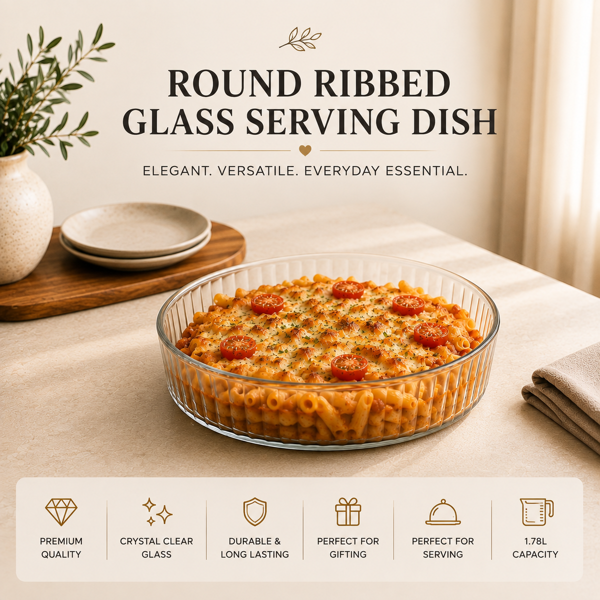 DELISOGA Round Ribbed Glass Serving Dish |  Clear Serving Bowl for Salad, Fruit, Desserts & Table Serving