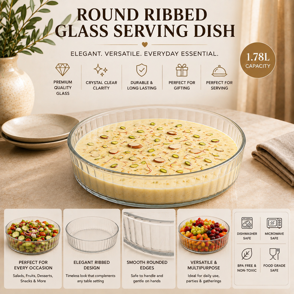DELISOGA Round Ribbed Glass Serving Dish |  Clear Serving Bowl for Salad, Fruit, Desserts & Table Serving