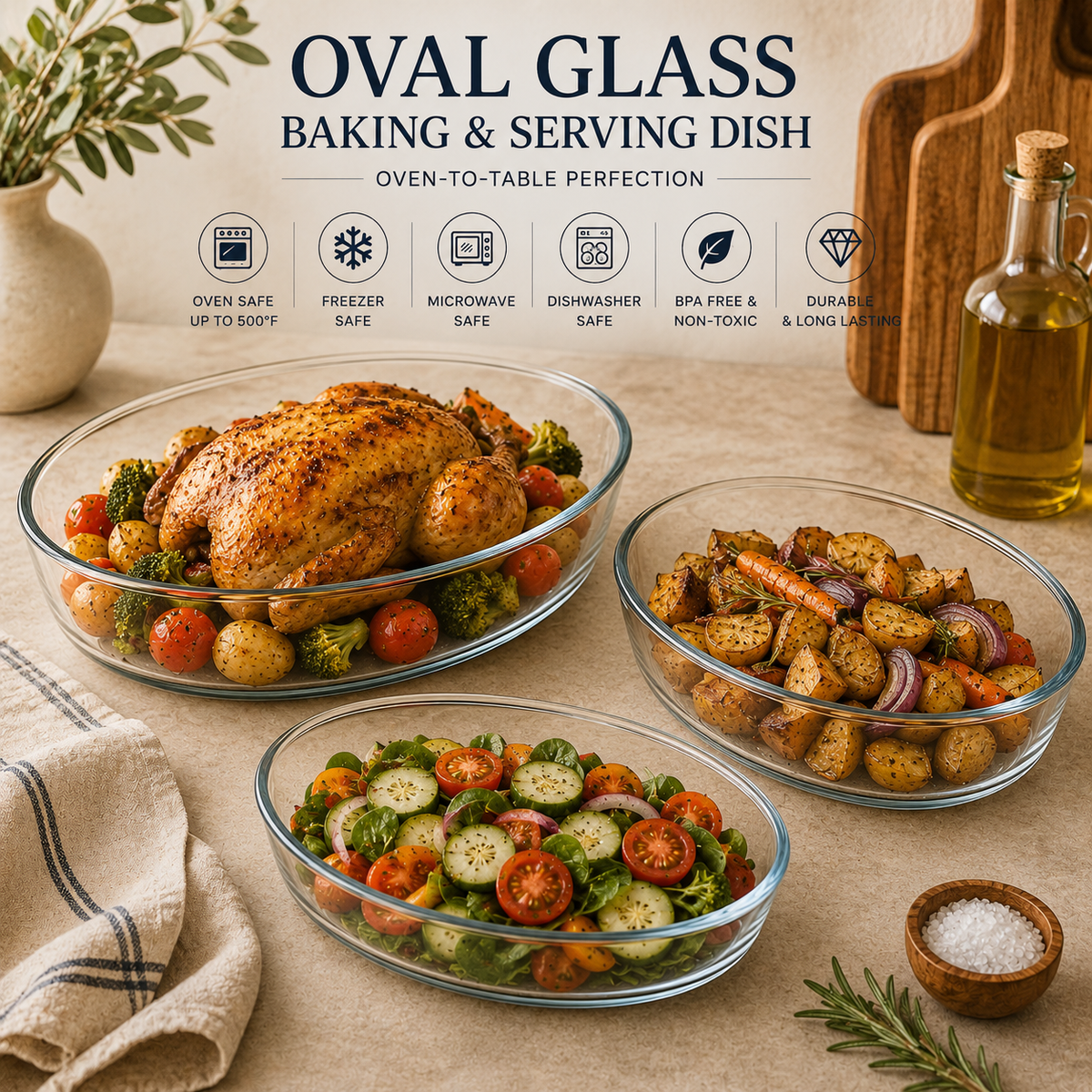 Delisoga Oval Glass Baking & Serving Dish | Clear Oven-to-Table Roaster for Baking, Roasting & Serving