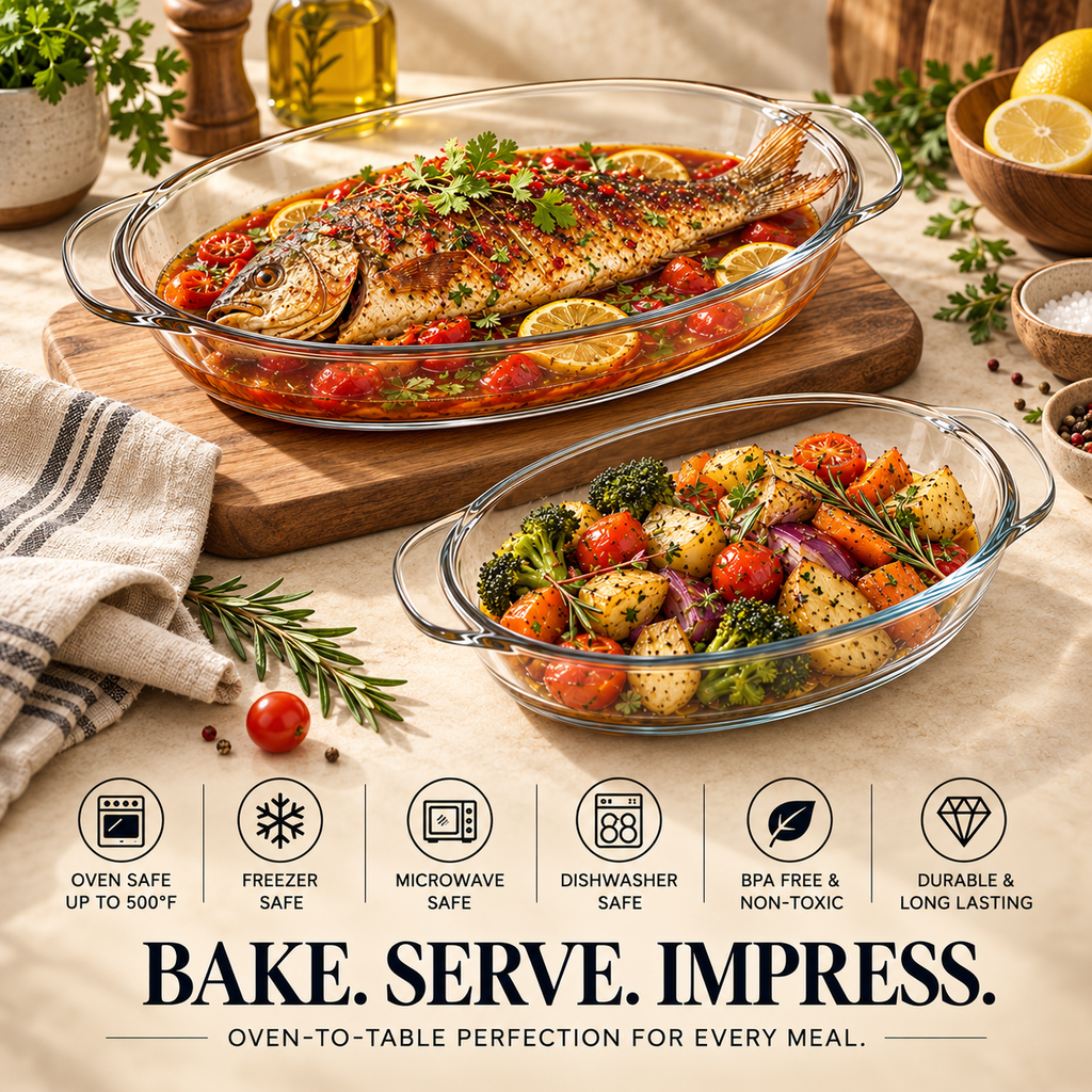 DELISOGA Oval Glass Baking & Serving Dish with Handles – Oven-to-Table Roaster