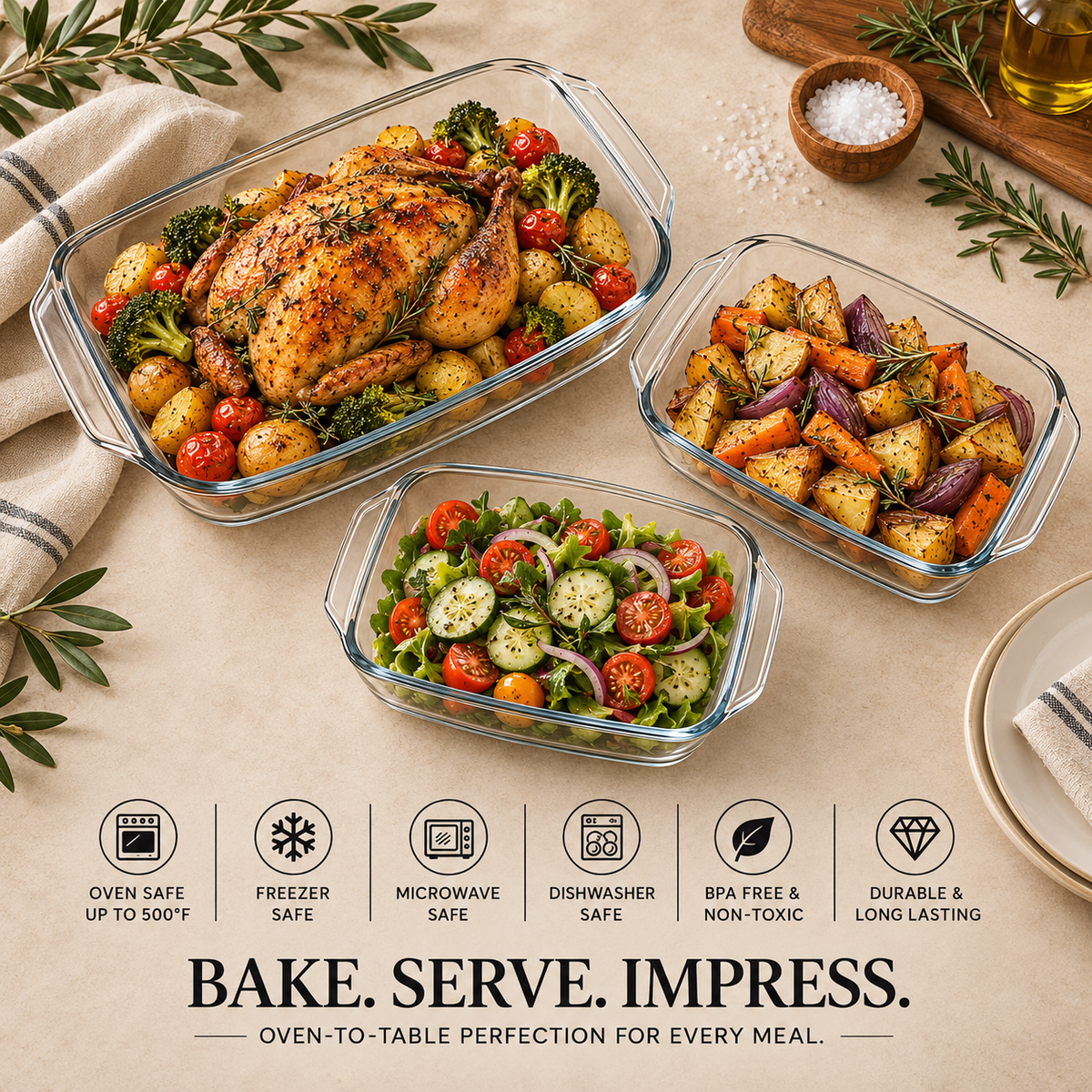 Delisoga Rectangular Glass Baking & Serving Dish with Handles – Oven-to-Table Bakeware