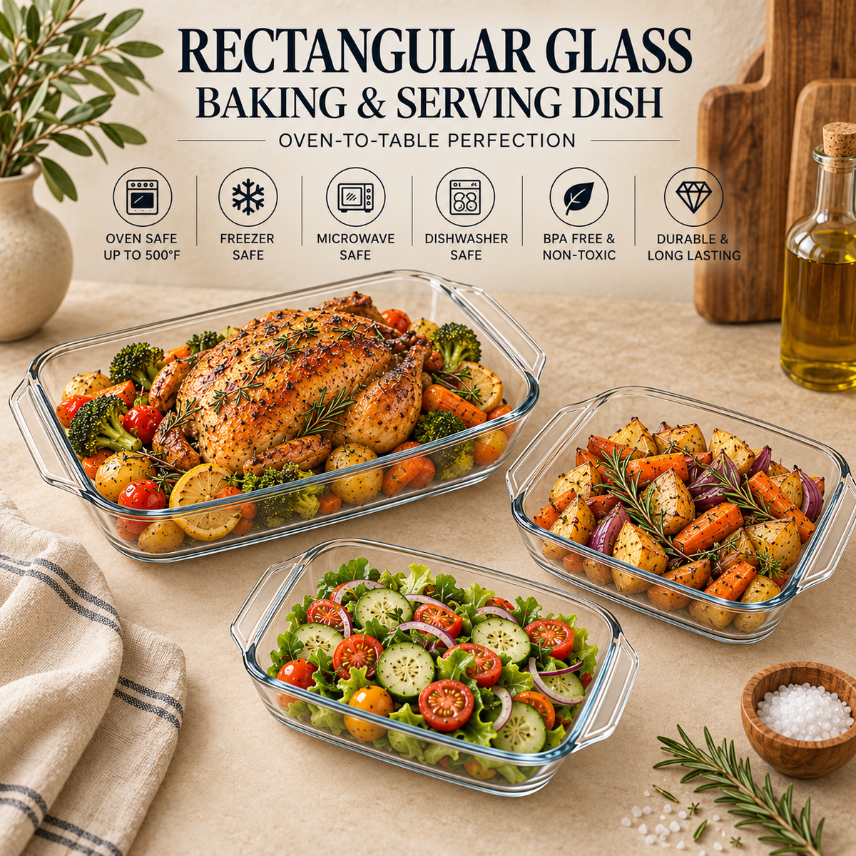 Delisoga Rectangular Glass Baking & Serving Dish with Handles – Oven-to-Table Bakeware