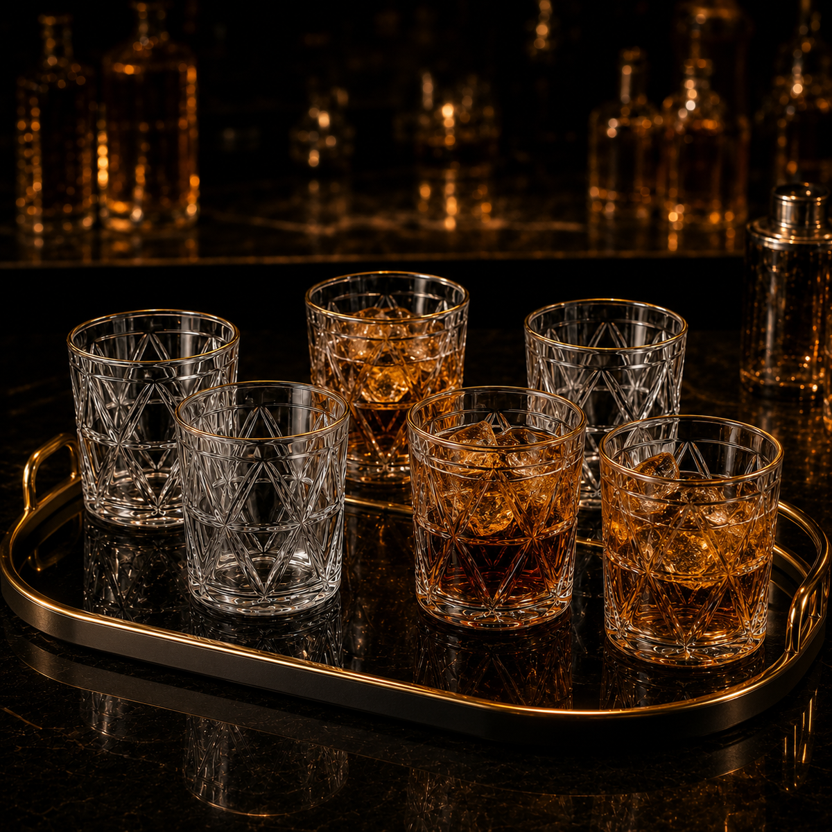 DELISOGA Set of 6 Crystal-Cut Glass with Gold Rim | 340ml Premium Drinking Glasses for Water, Juice & Cocktails