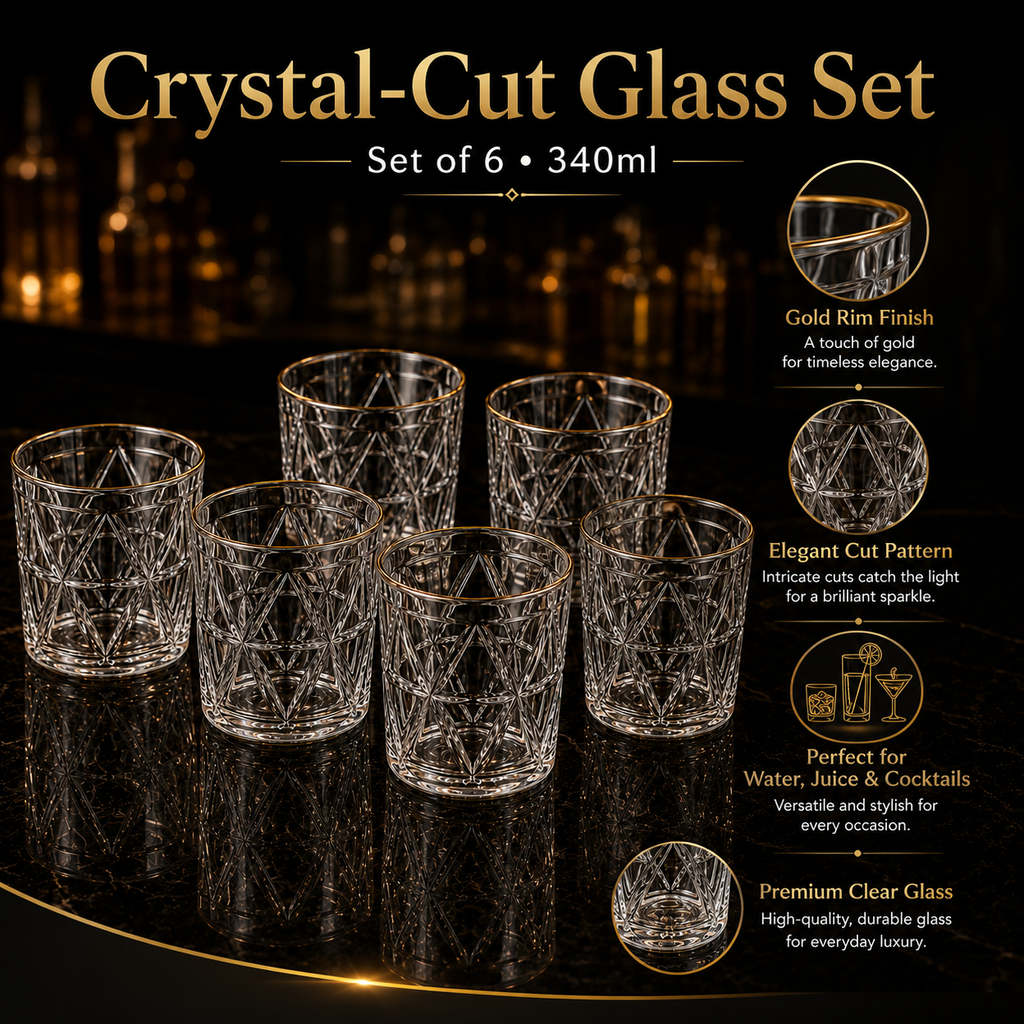 DELISOGA Set of 6 Crystal-Cut Glass with Gold Rim | 340ml Premium Drinking Glasses for Water, Juice & Cocktails