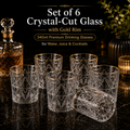 DELISOGA Set of 6 Crystal-Cut Glass with Gold Rim | 340ml Premium Drinking Glasses for Water, Juice & Cocktails