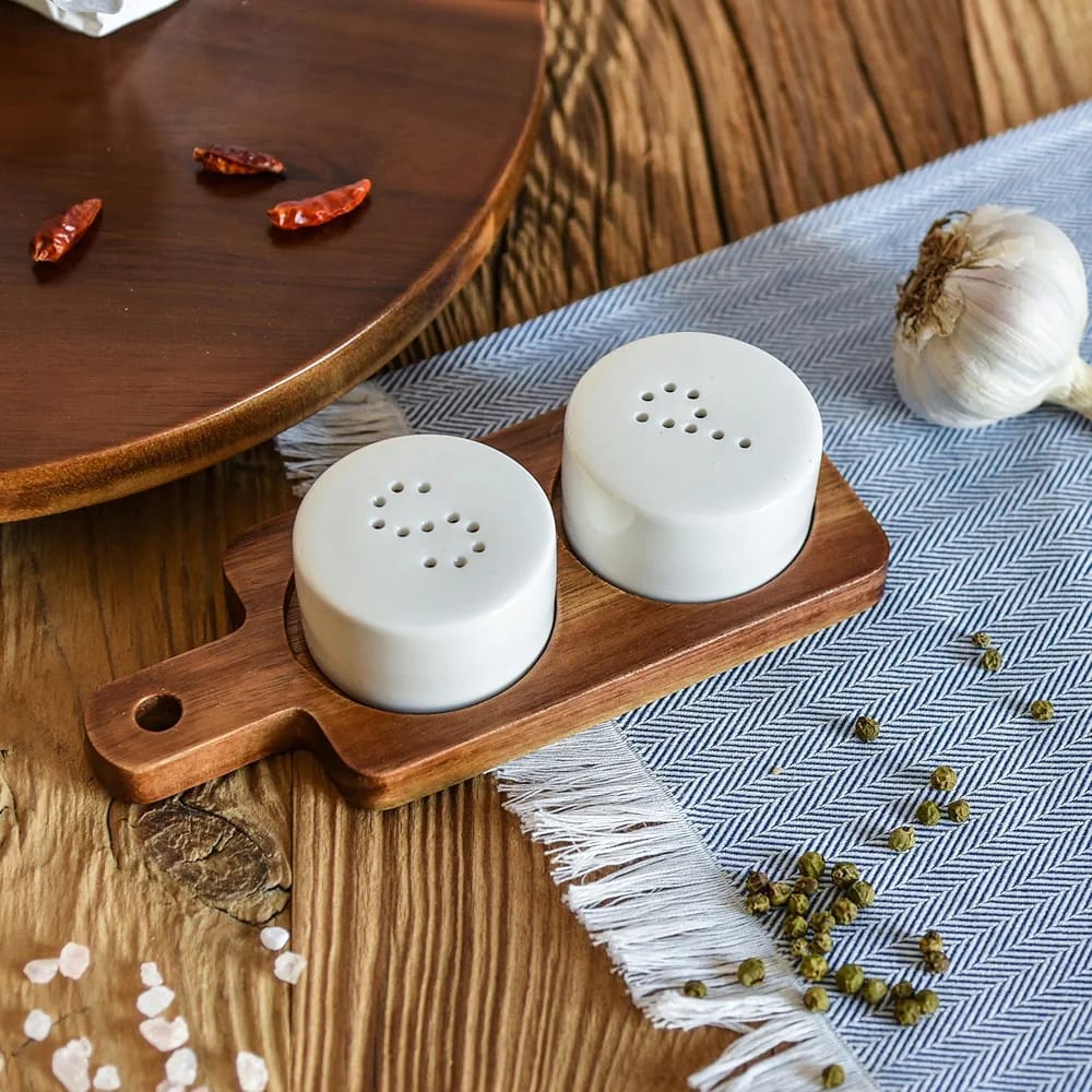 Danny Home Ceramic Salt & Pepper Shaker Set with Acacia Wooden Tray