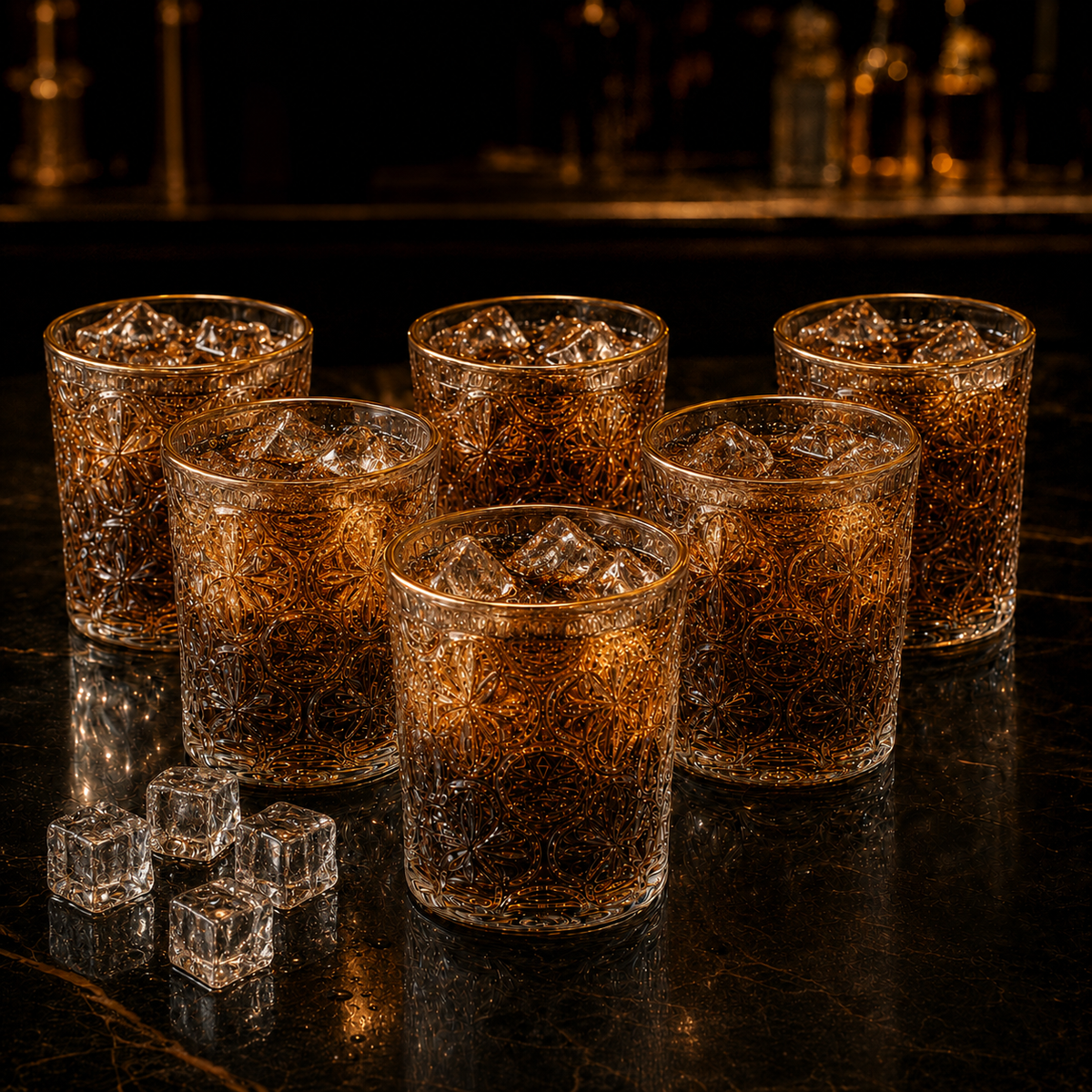 Delisoga Set of 6 Embossed Glass with Gold Rim | 340ml Premium Drinking Glasses for Water, Juice, Whisky & Cocktails