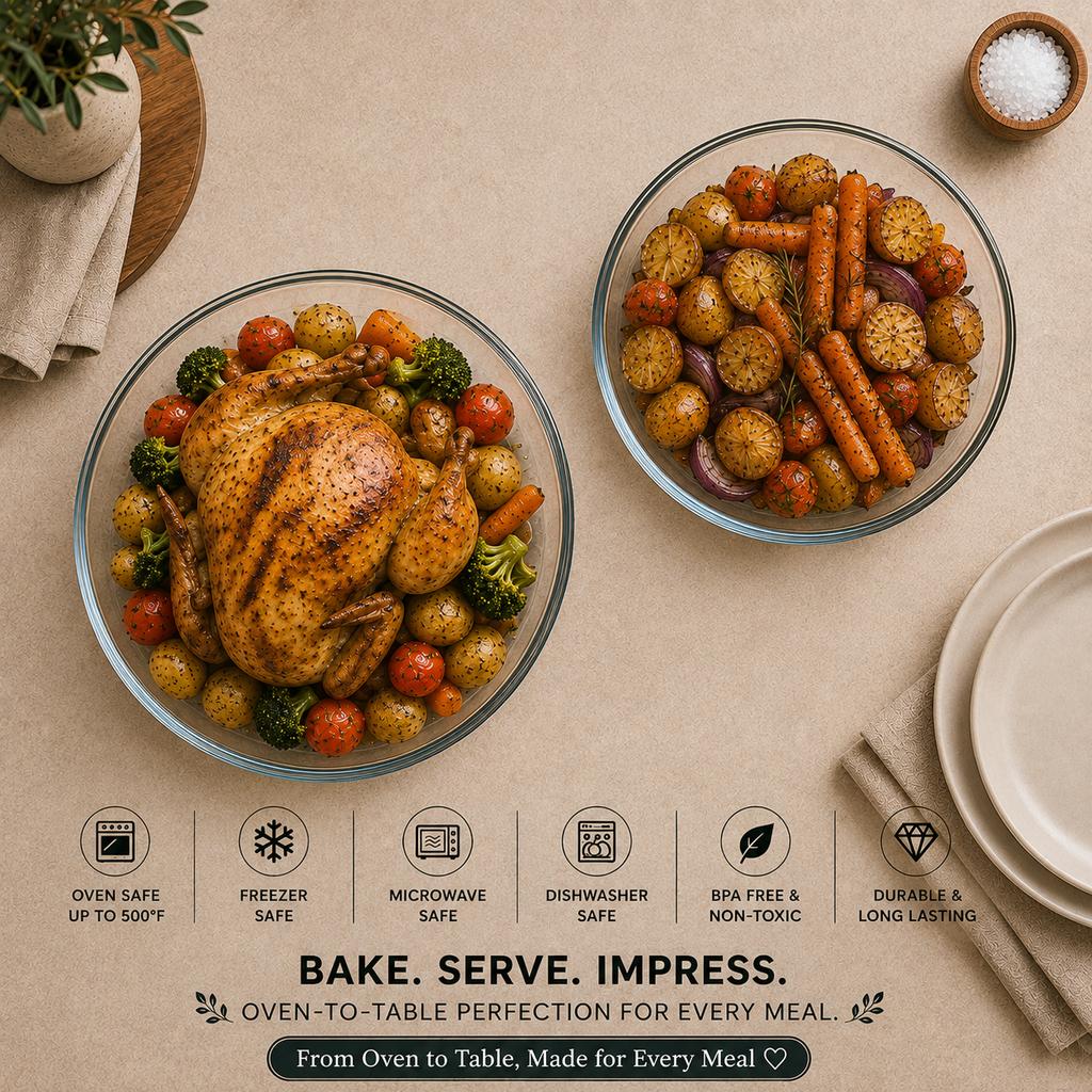 Delisoga Round Glass Baking & Serving Dish | Clear Oven-to-Table Roaster for Baking, Roasting & Casseroles