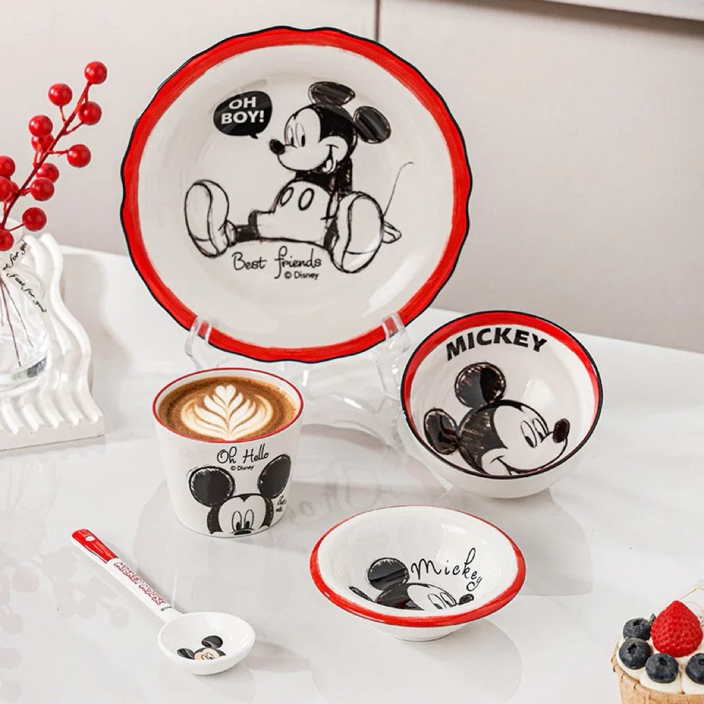 Disney Original Mickey Mouse 5-Piece Ceramic Dinnerware Set | Kids Plate, Bowl, Cup & Spoon Gift Set