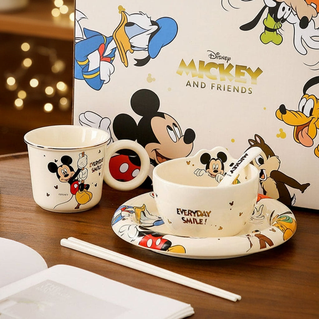 Disney Original Mickey Mouse 5-Piece Ceramic Dinnerware Set | Kids Plate, Bowl, Cup & Spoon Gift Set