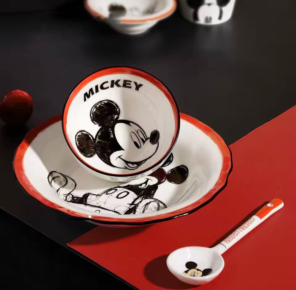 Disney Original Mickey Mouse 5-Piece Ceramic Dinnerware Set | Kids Plate, Bowl, Cup & Spoon Gift Set