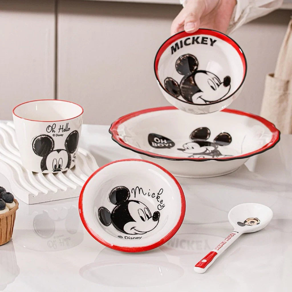Disney Original Mickey Mouse 5-Piece Ceramic Dinnerware Set | Kids Plate, Bowl, Cup & Spoon Gift Set